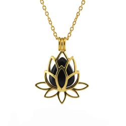 Колие с висулка „цвете лотос“  позлатено с 3 взаимозаменяеми камъка с розов кварц, аметист и черен турмалин