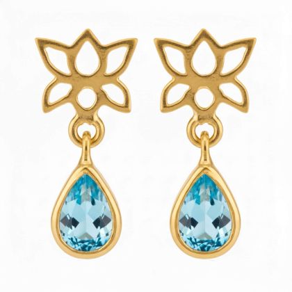 Обеци с лотос и скъпоценен камък Сребърни, син топаз