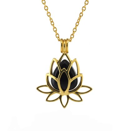 Колие с висулка „цвете лотос“  позлатено с 3 взаимозаменяеми камъка с розов кварц, аметист и черен турмалин