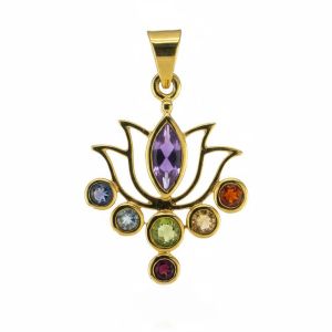 Медальон с лотос и чакра камъни позлатен